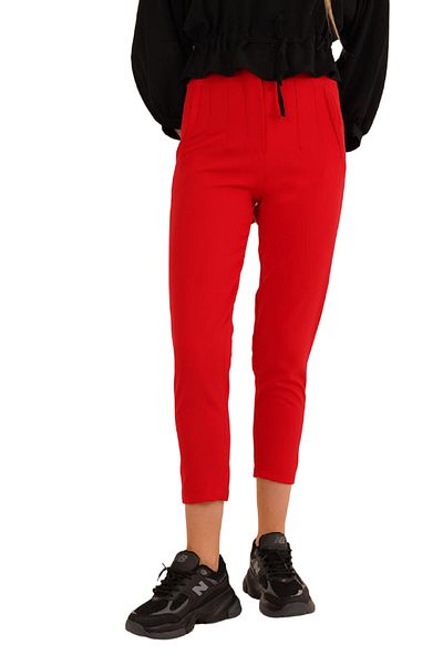 Lustrin Women's Red Front Double Collar Flato Pocket Seasonal Trousers