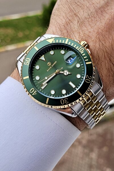 DAVID GUNER Kadranı Yeşil Kordonu Sarı Metalik Renk 2 Yıl Garantili Takvimli Erkek Kol Saati