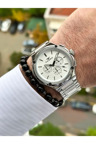 FERRO Steel Mesh Cord VIP Model Silver Color Functions Active Men's Wristwatch Bracelet