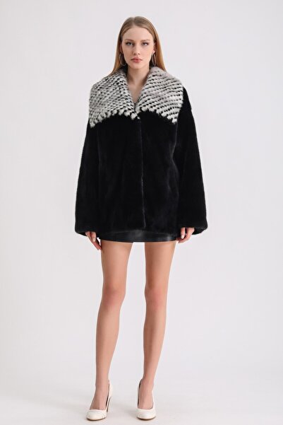 Leather Club Siyah Dama İşlemeli Vizon Kaban