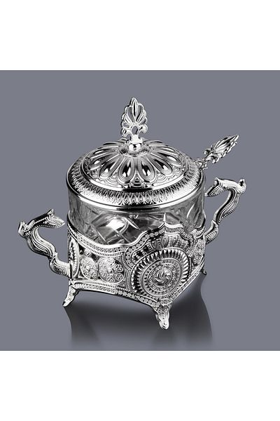 MOS'EV Silver Metal Lid Glass Sugar Bowl with Spoon