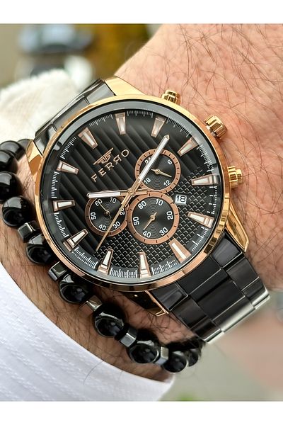 FERRO Steel Mesh Cord VIP Model Black Color Functions Active Men's Wristwatch Bracelet