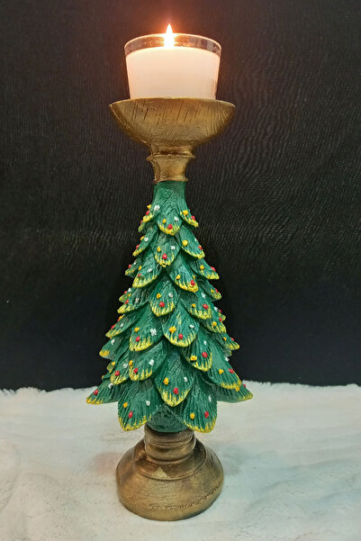 Euro Decora Yılbaşı Ağacı Şamdan Merry Christmas Dekoratif Yeşil Noel Çam ağacı Mumluk Büyük boy 27x12 cm