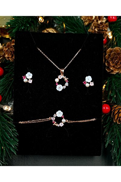 vüs jewel Renkli Çiçekli 925 Ayar Gümüş Bayan Kolye Küpe Bileklik Gümüş Kadın...