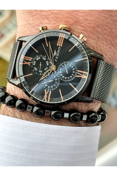 FERRO Steel Mesh Strap Black Color Men's Watch + Bracelet