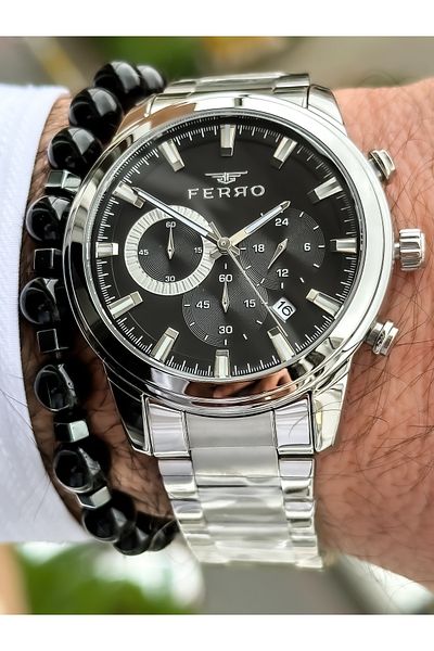 FERRO Brand Silver Color, Steel Strap, Functions Active Men's Wristwatch + Bracelet