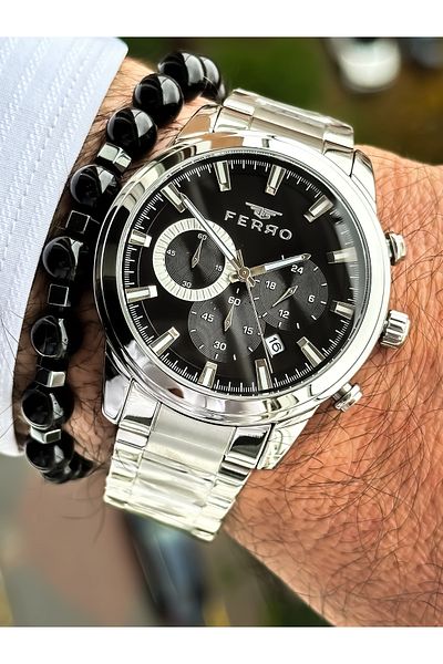 FERRO Brand Silver Color, Steel Strap, Functions Active Men's Wristwatch + Bracelet