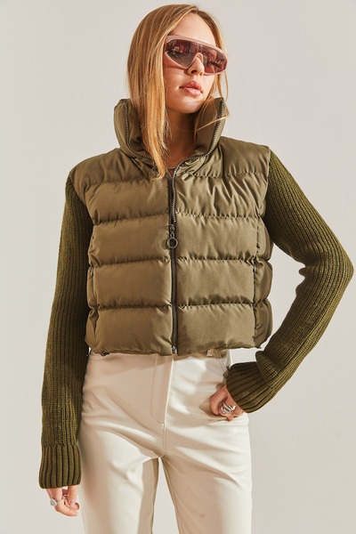 Bianco Lucci Women's Knitwear Sleeve Judge Collar Puffer Coat