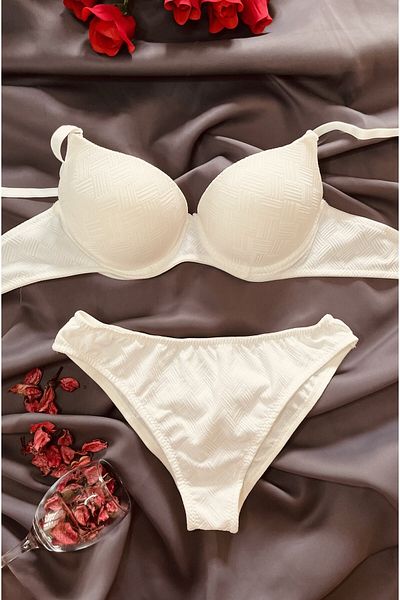 Lunary Light Supported Knitted Patterned Ecru Bra Panties Set - Women's Underwear
