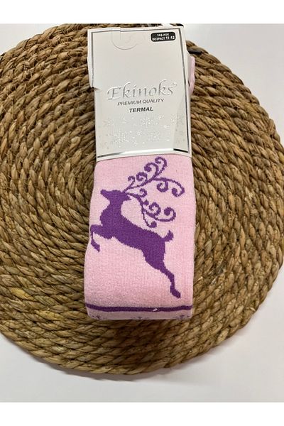 Ekinoks Towel Raised Winter Fleece Pantyhose Deer Patterned Winter Themed Pantyhose