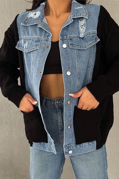 FEMELLE Cardigan tricotat tricotat cu buzunar cu garnitură din denim de mărime standard pentru femei
