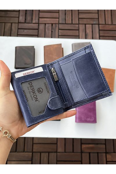 DERKON Monaco Genuine Crazy Leather Wallet Navy Blue Color