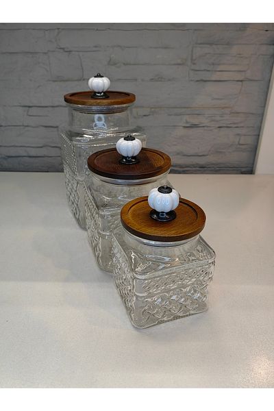ALANYA HOME DECOR ACACIA WOOD LID 3 PIECE JAR SET (520+1100+2000ML)ACACIA WOOD LID 3 PIECE JAR SET