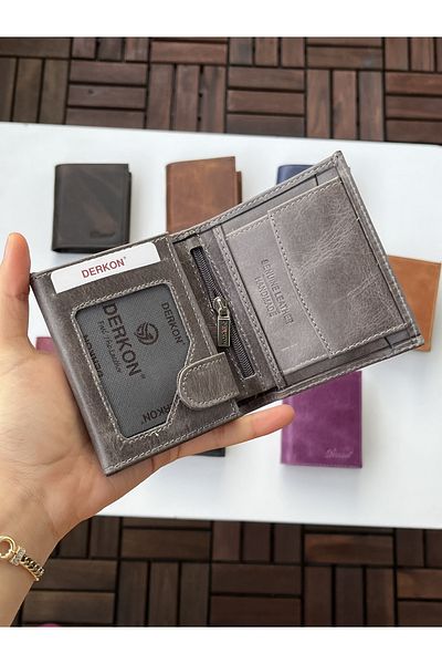 DERKON Monaco Genuine Crazy Leather Wallet Gray Color