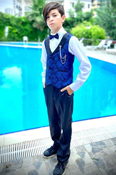 Riccotarz Boy's New DeepSEA Patterned Double Button Navy Blue Top and Bottom Set