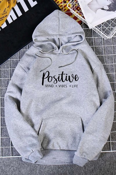 over head oh Ženska siva pozitivna majica sa kapuljačom sa tri niti