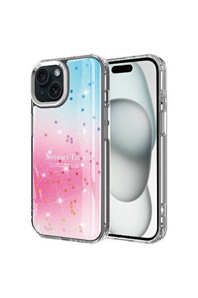 Rivor Apple iPhone 15 Uyumlu Kılıf Metal Kamera Çıkıntılı Simli Desenli Renkl...