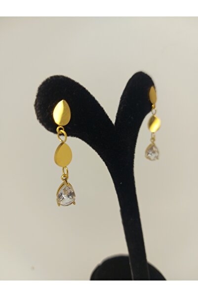 Romea Yapraklı, Taşlı Altın Rengi Sallanan Paslanmaz Çelik Küpe