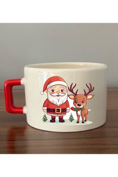 lili hediyelik Christmas Printed New Year Christmas Gift Red Cup with Handle - Ceramic Tea, Coffee Gift Cup