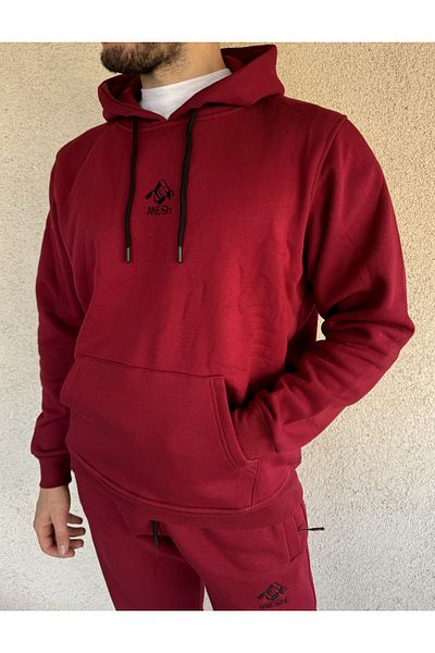 Mesh Unisex Claret Red Black Embroidered Tracksuit Set, 3 Thread Combed Winter Quality Fabric Men's Bottom-Top Set