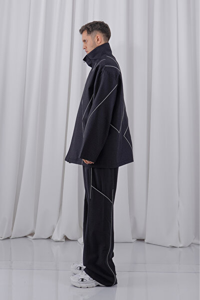 LoFiBuy Unisex Ekoseli Fosfor Şerit Detaylı Oversize Premium Spor Takım - Peri