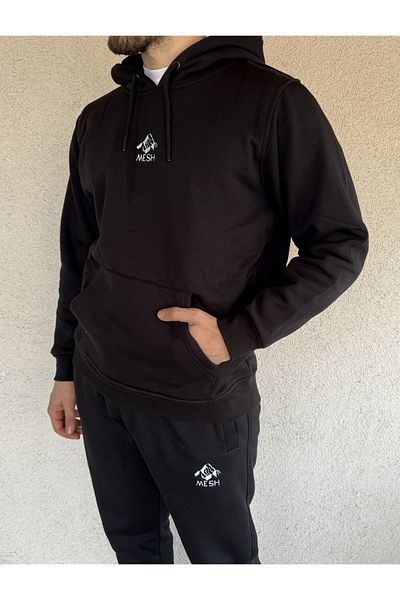 Mesh Men's Cotton Hooded Winter Black Tracksuit Set, 3 Thread Raster White Mountain Logo Comfortable Set
