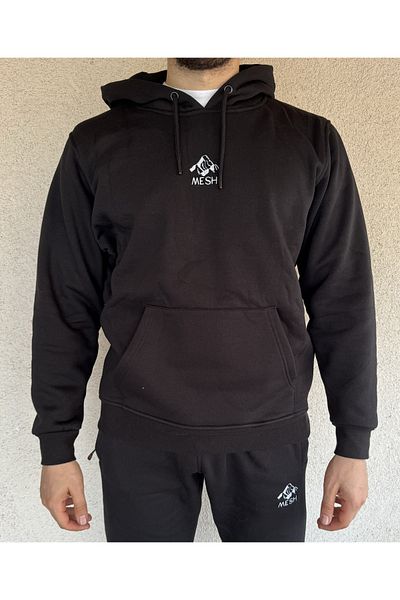 Mesh Men's Cotton Hooded Winter Black Tracksuit Set, 3 Thread Raster White Mountain Logo Comfortable Set