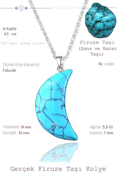 Tesbih Atölyesi Certified Moon Model Real Turquoise Stone Necklace