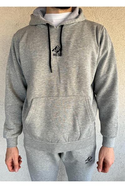 Mesh Σετ αθλητικής φόρμας Unisex σε γκρι-μαύρο κέντημα - Άνετη κουκούλα, ράστερ με 3 κλωστές, σετ με μαλακό κάτω μέρος