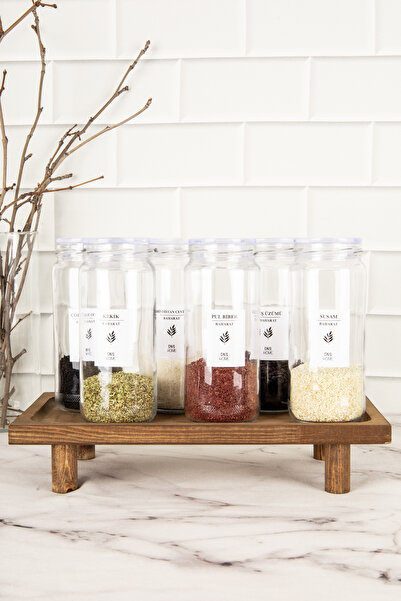 DNS HOME 6-Piece Glass Spice Rack Set with Transparent Lid Wooden Stand Storage Container Spice Rack with Label 500 ml
