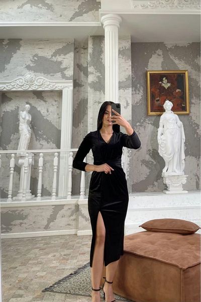 ADASTYLE Rochie din catifea cu decolteu in V, detaliu in talie, vilyur don, rochie