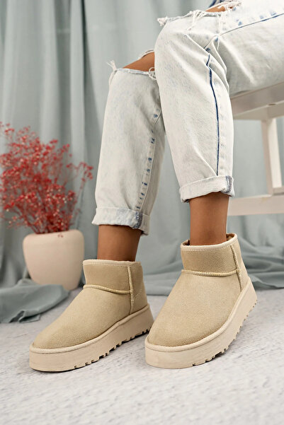 TOBAİ İçi Kürklü Kışlık Mini Süet Düz Ortapedik Taban Sıcak Tutan Yarım Bot Kadın Ayakkabı