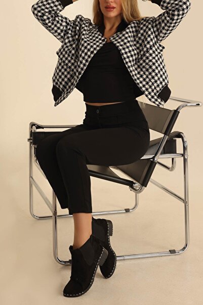 Girl Power Черно-бяло дамско бомбър яке с шарка на хрътка зъби