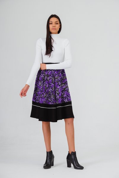 İna Purple Leaf Patterned Winter Skirt on Black Background from Cotton Fabric