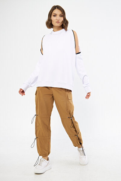 LAMANTE OMUZLARI FERMUAR DETAY BEYAZ SWEATSHIRT