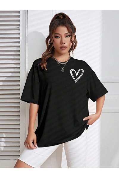 over head oh Ženska crna figura u obliku srca Štampano prevelika T-shirt