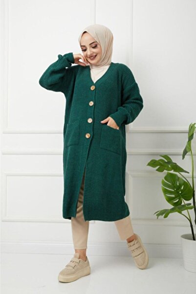 Pamuk Butik Women's Buttoned Green Knitwear Loose Cardigan with Pockets