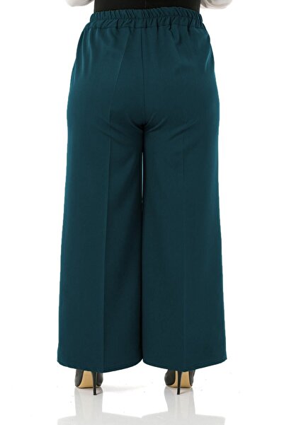 Aşkı Endam Plus Size Mayra Side Pocket Dumbbell Crepe Wide Leg Trousers - Petrol