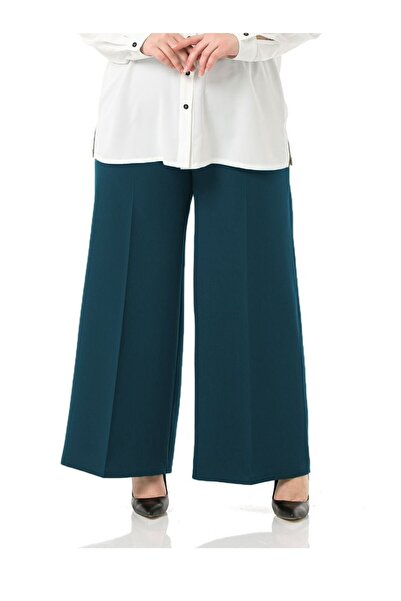 Aşkı Endam Plus Size Mayra Side Pocket Dumbbell Crepe Wide Leg Trousers - Petrol