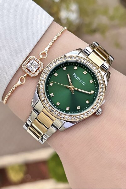 Ferrucci Kadranı Yeşil Kordonu Sarı Metalik Renk 2 Yıl Garantili Kadın Kol Sa...
