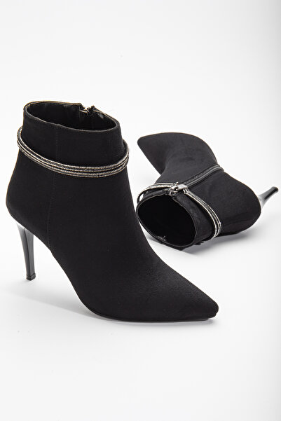SUENO SHOES Kadın Siyah Süet Taşlı İnce Topuklu Bot