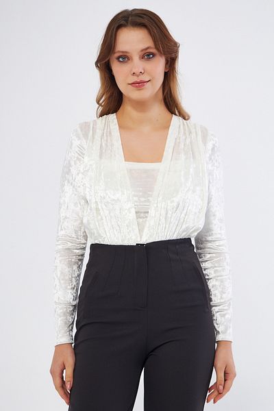 Bidoluelbise Velvet Gather Detail Long Sleeve Stretch Fabric Snap Body