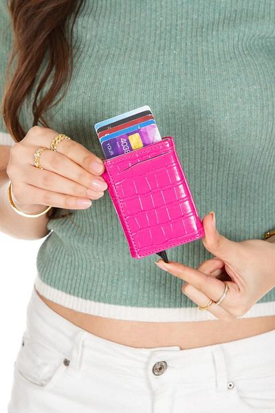 tuldar Pink Leather - RFID Protector, Aluminum Mechanism Automatic Card Holder and Paper Money Compartment Wallet