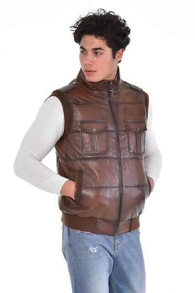 fubileather Плетена мъжка кожена жилетка с пух - естествена агнешка кожа
