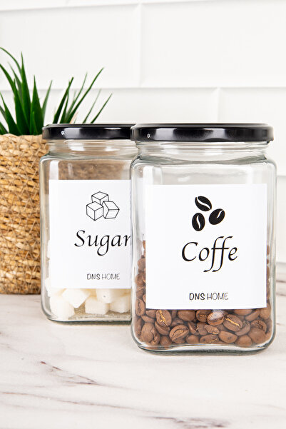 DNS HOME 2-Piece Black Metal Lid English Coffee Sugar Labeled Square Glass Storage Container Jar 720ml