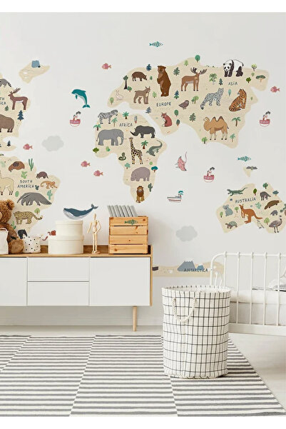 WALLHUMAN Animals World Dünya Haritası Bebek Çocuk Odası Anaokulu Kreş Duvar ...
