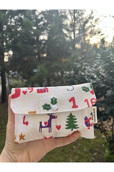 sumicorn Yılbaşı Desenli Keten Yıkanabilir Çıtçıt Detaylı Ped Çantası, Mini C...