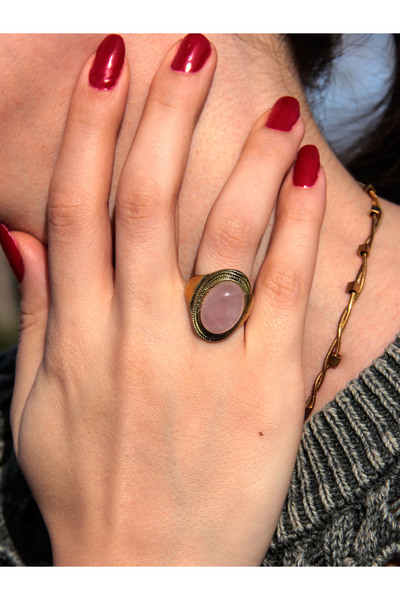 esha Doğal Taş Pembe Kuvars Ayarlanabilir Kadın Doğal Taş Yüzük Aşk Taşı