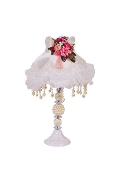 Dekovien Fuchsia Floral Patterned Ecru Velvet - Lace Detailed, Dangling Vintage Lampshade 30x50cm AB1008