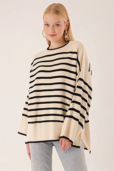HAKKE Striped Bagel Neck Back Long Oversize Sweater